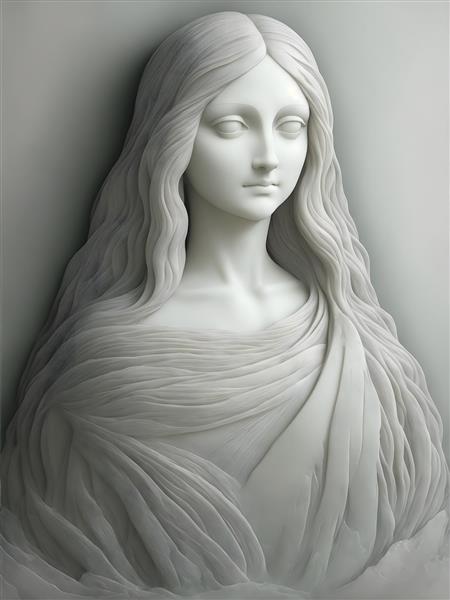پرتره دیجیتالی از مجسمه سنگی مونالیزا با موهای بلند و کیفیت بالا