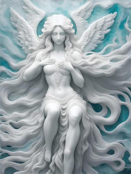 تصویرسازی دیجیتالی فرشته با بالهای بالدار و چهره زیبا
