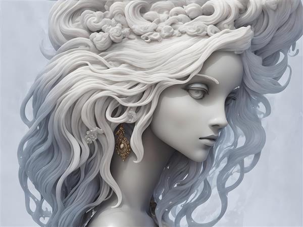 پرتره دیجیتالی حکاکی شده از چهره زن سنگی با موهای بلند و چهره ظریف