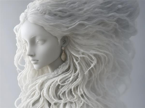 پرتره دیجیتالی حکاکی شده از چهره زن سنگی با موهای بلند