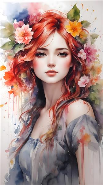 نقاشی دیجیتالی زن جوان با موهای قرمز