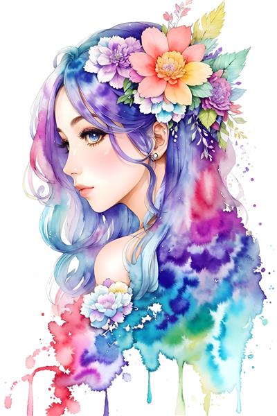 نقاشی دیجیتالی چهره زن جوان با موهای رنگین کمان