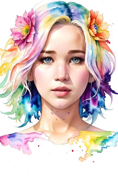 تصویرسازی دیجیتالی چهره جنیفر لارنس با موهای رنگارنگ