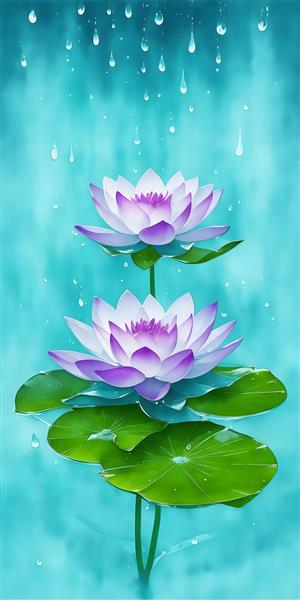 نقاشی آبرنگ زیبا از گل های نیلوفر آبی با قطرات آب رنگی