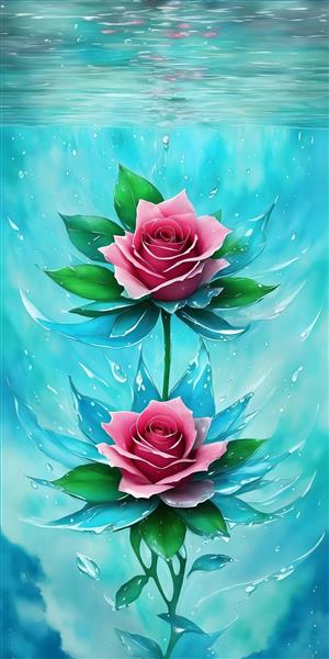 تصویرسازی طرح جذاب از گل رز با قطرات آب آبی