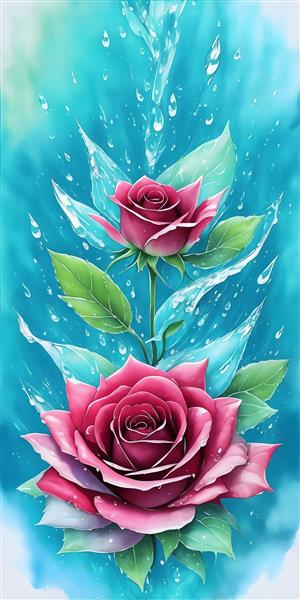 تابلوی نقاشی دیجیتال زیبا از گل نیلوفر آبی با قطرات آب رنگی
