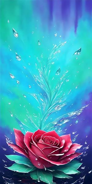 تابلو تصویرسازی آبی رنگ گل های نیلوفر با قطره های آب