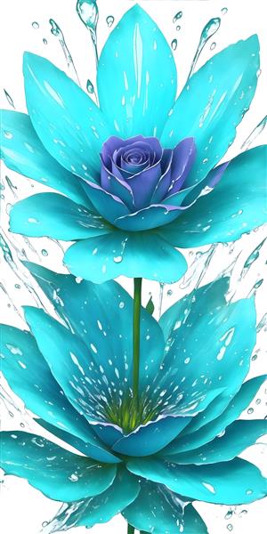 تصویرسازی دیجیتال جذاب گل های آبی با قطرات آب