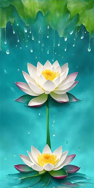 پوستر طرح زیبا نقاشی دیجیتال گل های نیلوفر با قطرات آب