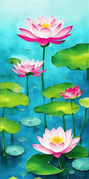 تابلو هنری تصویرسازی جذاب گل های آبی با قطرات آب