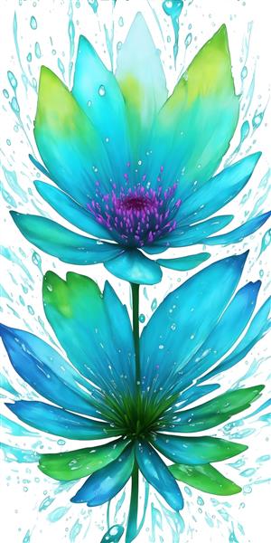 نقاشی دیجیتال گل نیلوفر آبی با قطرات آب روی زمینه تیره
