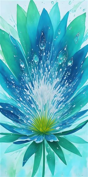 پوستر دیواری طرح گل با قطرات آب رنگی روی زمینه آبی