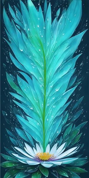نقاشی دیجیتال گل نیلوفر آبی با قطرات آب روی برگ ها