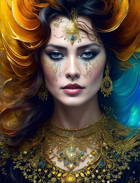 پرتره چهره شاهدخت ایرانی با لباس سنتی و تاج طلایی و لباس فیروزه ای