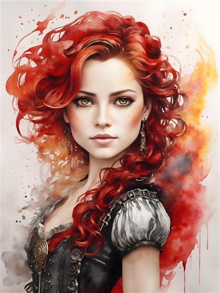 نقاشی دیجیتالی چهره زن جوان با موهای قرمز