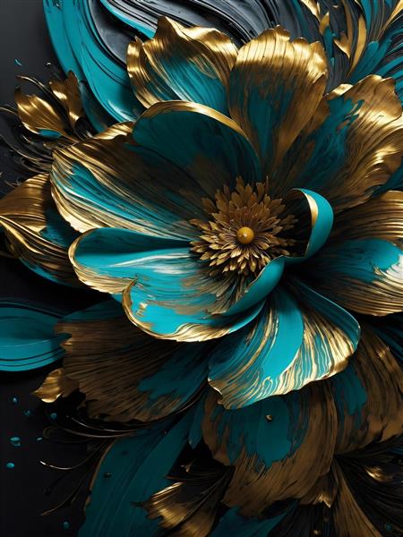پوستر دیواری سه بعدی گلهای طلایی فیروزه ای آبی درباری لارج فرمت با کیفیت بالا
