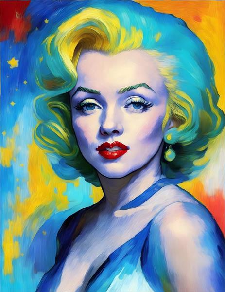 تصویرسازی دیجیتالی چهره مرلین مونرو زیبا با ترکیبی از سبک ونگوگ و رنگ روغن