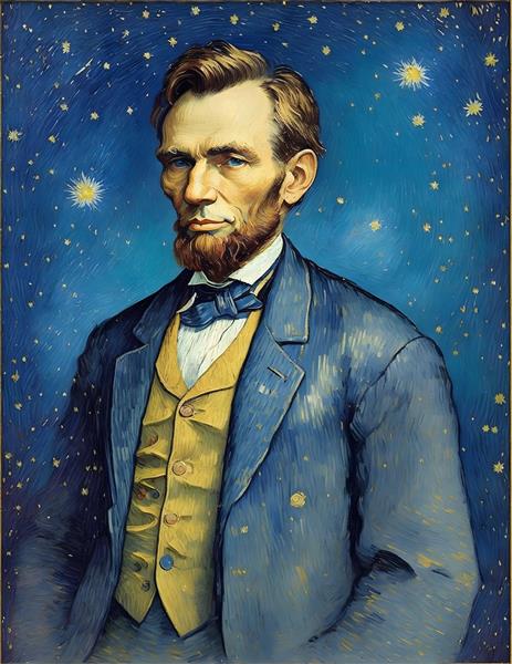 نقاشی دیجیتالی آبراهام لینکلن شب پر ستاره در سبک ونگوگ با استفاده از رنگ های زنده
