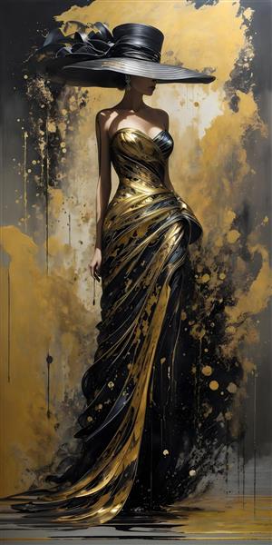 نقاشی زن زیبا و پاشش رنگ ورق طلا روی لباس شب زنانه