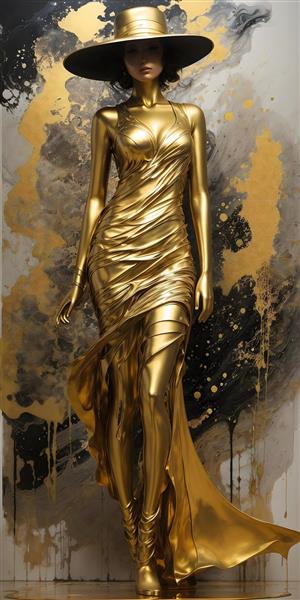 تابلو نقش حکاکی طلایی زن زیبا در لباس شب و کلاه