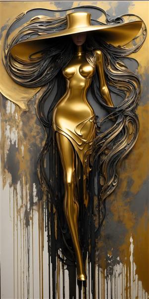 نقاشی پاشش رنگ ورق طلای زن جوان با لباس شب کلاسیک