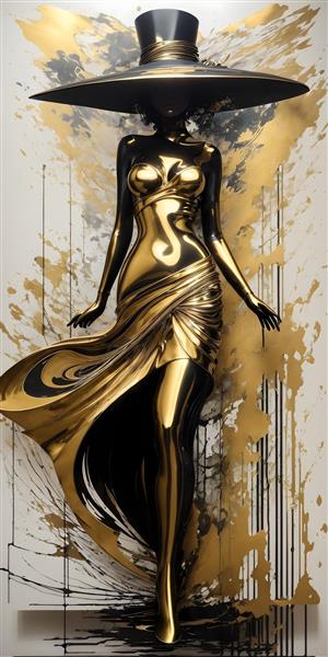 نقاشی پاشش رنگ ورق طلای لباس شب لاکچری زن جوان