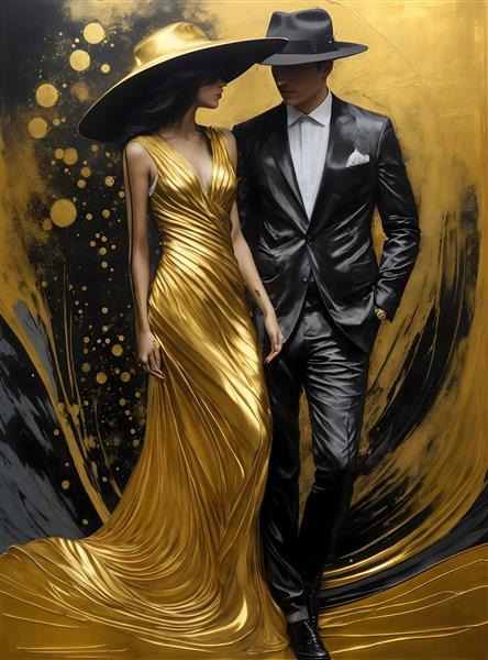 نقاشی پاشش رنگ ورق طلای لباس شب لاکچری زوج عاشق