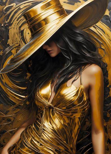 نقاشی پاشش رنگ ورق طلای لباس شب کلاسیک دختری با کلاه