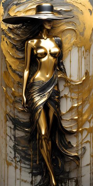 مجسمه برجسته سه بعدی نقش حکاکی طلایی مدرن زن با کلاه
