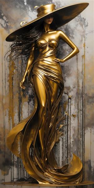 نقاشی پاشش رنگ ورق طلای لباس شب لاکچری زن