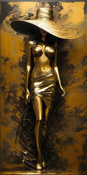 تابلو مجسمه برجسته سه بعدی نقش حکاکی طلایی اروپایی زن با کلاه