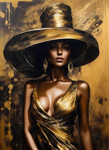 نقاشی پاشش رنگ ورق طلای لباس شب کلاسیک زن