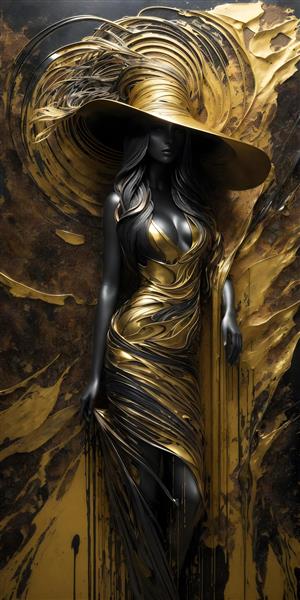 تابلو نقش حکاکی طلایی زن سیاه پوست در لباس شب کلاسیک و کلاه