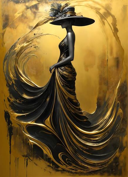تابلو نقش حکاکی طلایی زن زیبا در لباس شب مدرن و بلند
