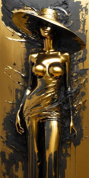 مجسمه برجسته سه بعدی زن جوان با لباس شب کلاسیک طلایی و کلاه