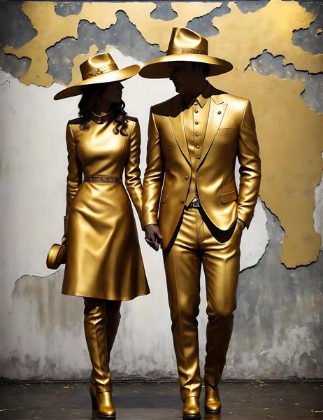 مجسمه زوج جوان کلاسیک طلایی در حال قدم زدن