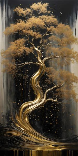 نقاشی درخت شاخه و برگ طرح لاکچری طلایی