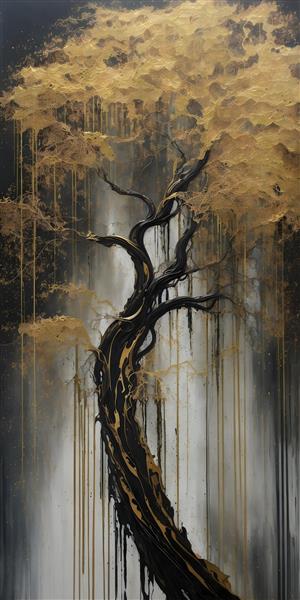 نقاشی درخت شاخه و برگ پتینه طلایی لاکچری