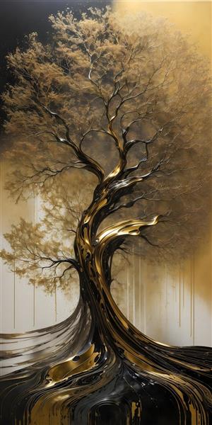 تابلو نقاشی درخت با شاخه و برگ طلایی لاکچری