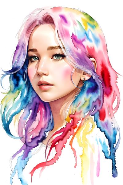 پرتره نقاشی آبرنگی چهره جنیفر لارنس با موهای رنگارنگ