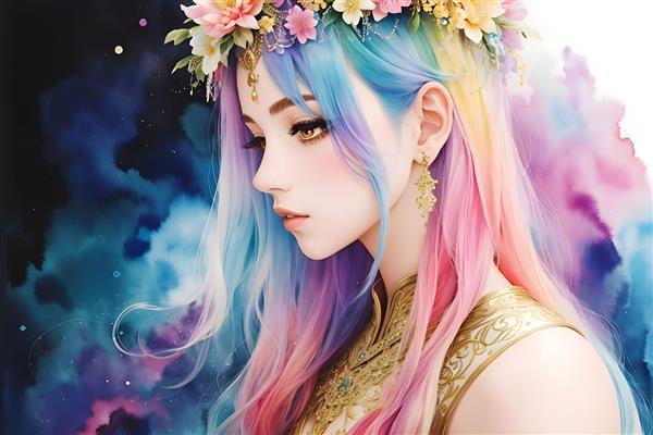 نقاشی دیجیتالی زن جوان با موهای رنگین کمانی و تاج گل