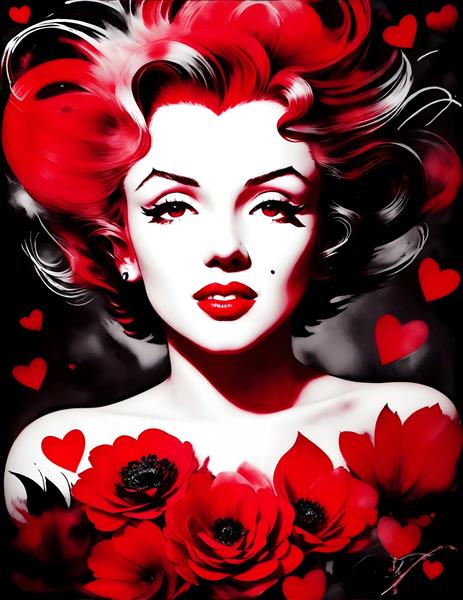 تصویرسازی دیجیتال چهره مرلین مونرو با گل رز قرمز در سبک رئالیسم
