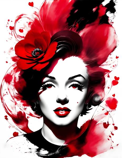 هنر دیجیتال تصویرسازی چهره مرلین مونرو با گل رز قرمز در پس زمینه سیاه