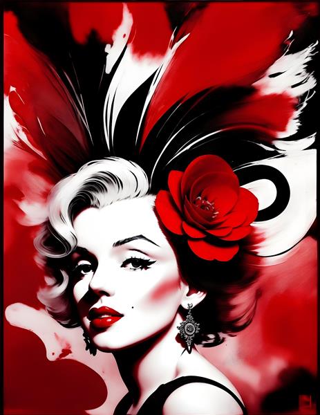 نقاشی دیجیتال چهره پرتره مرلین مونرو با گل رز قرمز در تم رنگی قرمز مشکی