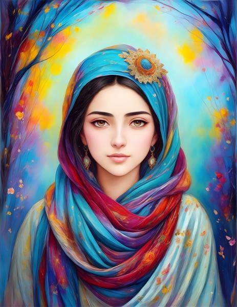 نگارگری رنگی تصویری از دختر جوان ایرانی
