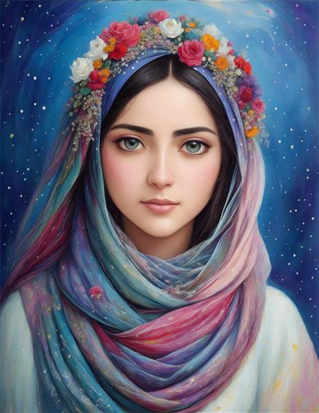 نگارگری رنگی از یک دختر زیبا با حجاب