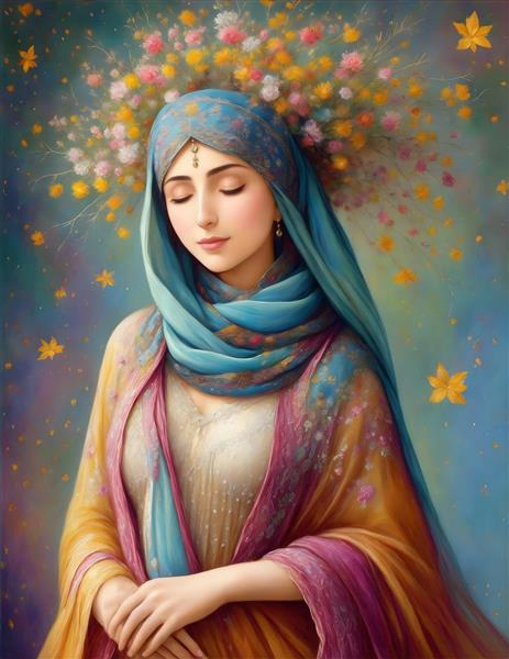 نقاشی مینیاتور رنگارنگ با حجاب و لباس محلی ایرانی