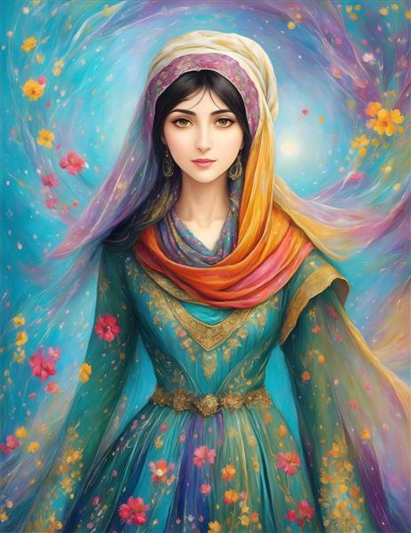 لباس محلی ایرانی در نقاشی با حجاب و شال بلند