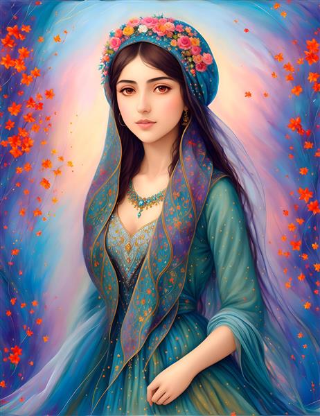 لباس محلی ایران در نقاشی دختر جوان با حجاب