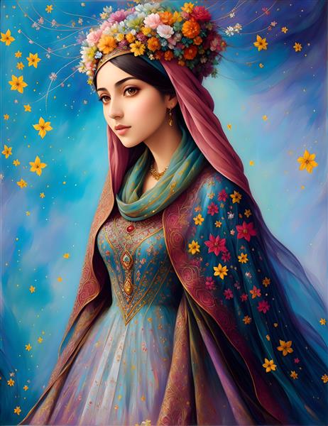 دختر زیبا با شال بلند ایرانی در نقاشی رنگی با لباس محلی بلوچ و حجاب